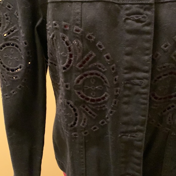 JustFab Black Jean Jacket with embroidered cut outs - Picture 3 of 13